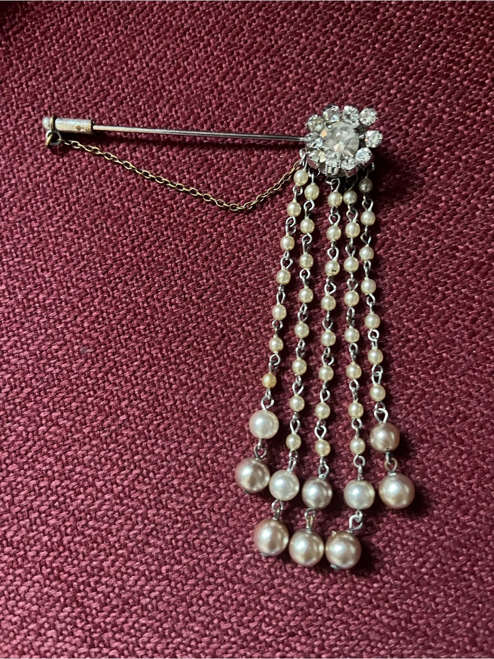 Vintage Italian Silver Tone Hanging Faux Pearls rhinestones Brooch Hat Pin